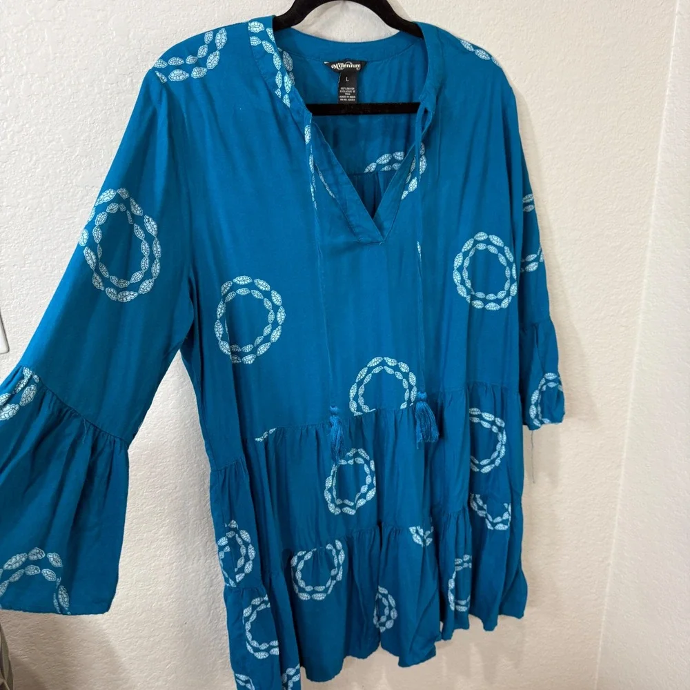 Millenium Teal Blue Tiered Tunic Dress Boho Bell Sleeve Peasant Artsy Beach Sz L